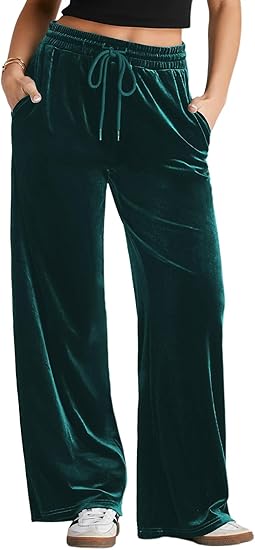 Herseas Women's Velvet Pants Drawstring Waist Wide Leg Casual Lounge Pant