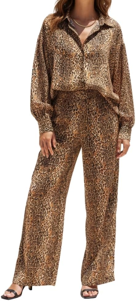 YUSHE Animal Print Co-ord Set | Lightweight Shirt and Pants Set for Women | Summer Two Piece Sets | Casual Vacation Outfits
